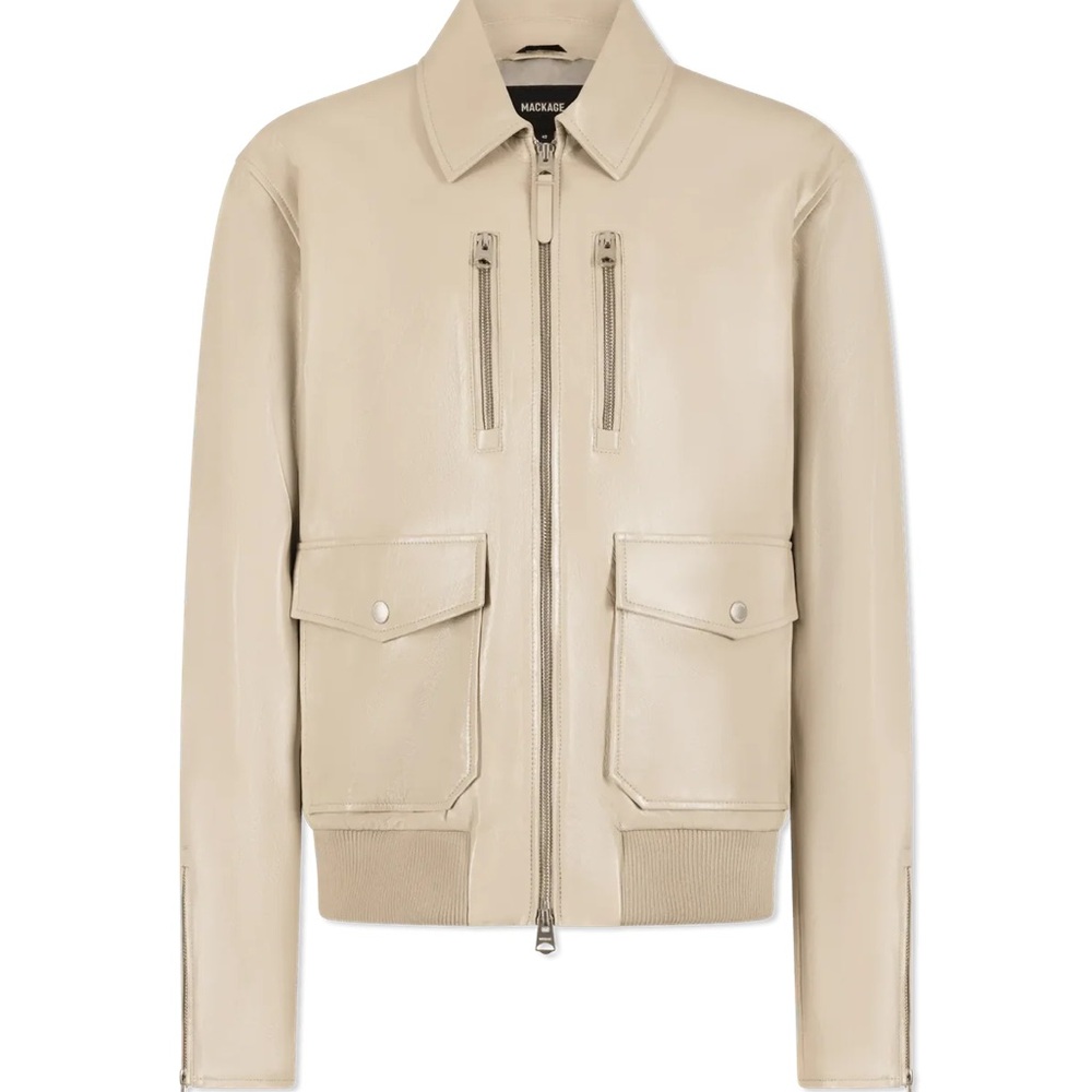Mackage Men's Beige Leather Bomber Jacket
